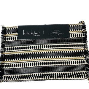 Boho Chic Set Of 4 Nicole Miller Rectangle Placemats Aztec Pattern Fringe Black